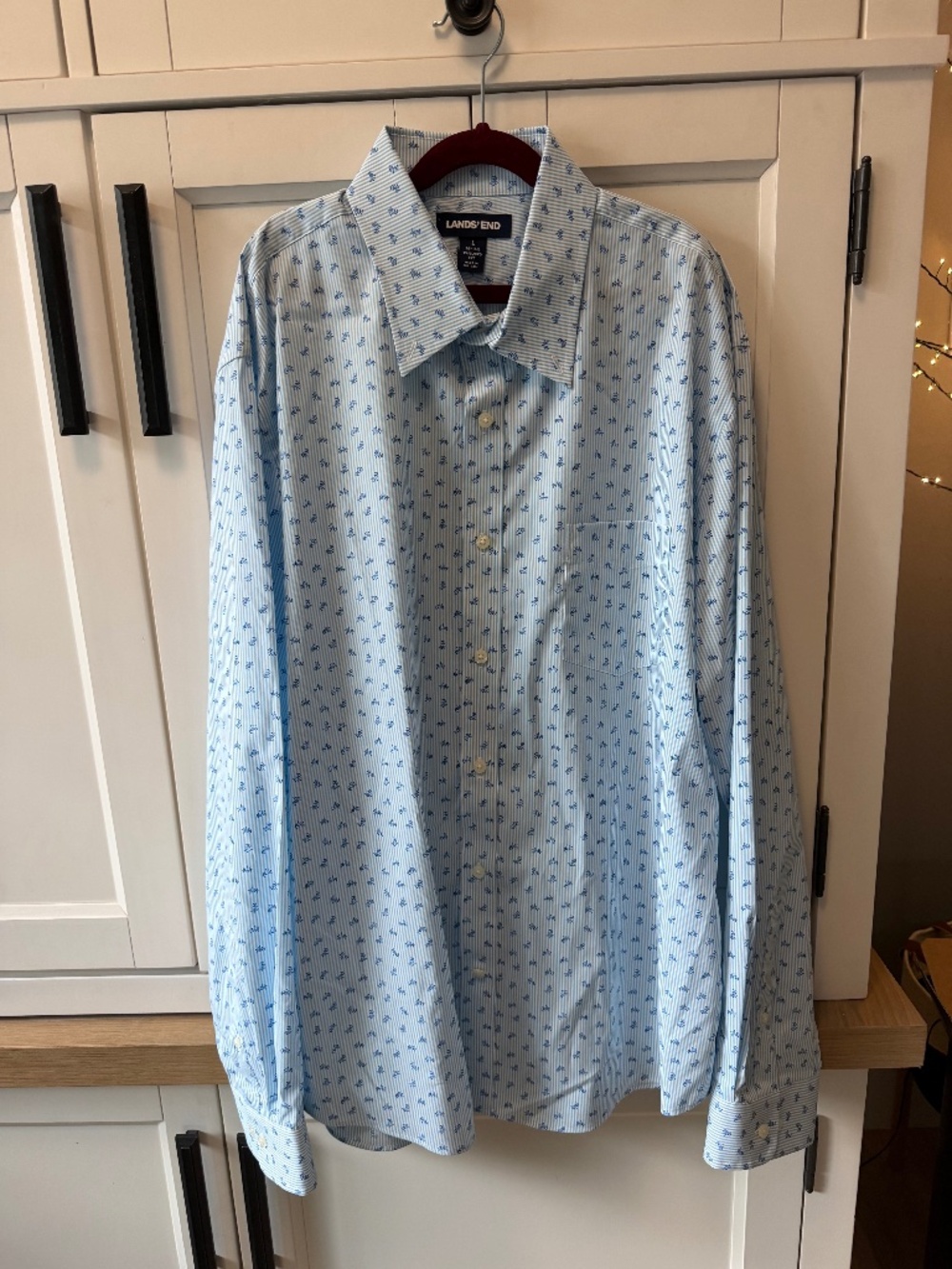 Lands' End Blue Striped Floral Button Down Dress Shirt Tailored Fit Men's L 16